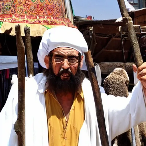 In the center of a bustling market, Ali Baba stands tall, surrounded by various goods. He wears a shabby white robe and a conical hat, and holds a small stick in his hand. Behind him, a sheep stands in a rudimentary wooden cage. The scene is full of vitality and enthusiasm, with vendors shouting out their wares and customers haggling for the best prices. Ali Baba's face is determined and focused, conveying his diligence and entrepreneurial spirit.