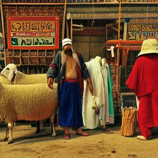 In the center of a bustling market, Ali Baba stands tall, surrounded by various goods. He wears a shabby white robe and a conical hat, and holds a small stick in his hand. Behind him, a sheep stands in a rudimentary wooden cage. The scene is full of vitality and enthusiasm, with vendors shouting out their wares and customers haggling for the best prices. Ali Baba's face is determined and focused, conveying his diligence and entrepreneurial spirit., Cartoon