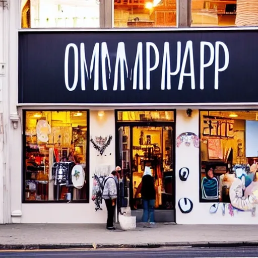 lot of people on the street looking inside a shop called Omulamp Etsy, with a big sign with its name on the top of the shop. the interior on the shop is barely iluminaterd