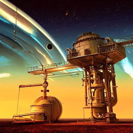 The Refueling Station: Generate an image of an abandoned refueling station, hovering above the turbulent, colorful clouds of a gas giant planet. The station is designed to refuel spacecraft and has large fuel storage tanks connected to a network of pipelines and hoses. The abandoned base is surrounded by a dense, thick mist, and the image should convey a sense of isolation and desolation. The station should feature intricate details such as rusted metal grates, leaking pipes, and discarded equipment. (((Remove Artifacts))), (((Ultra Detailed))), ((8K)), (((Enhanced)))