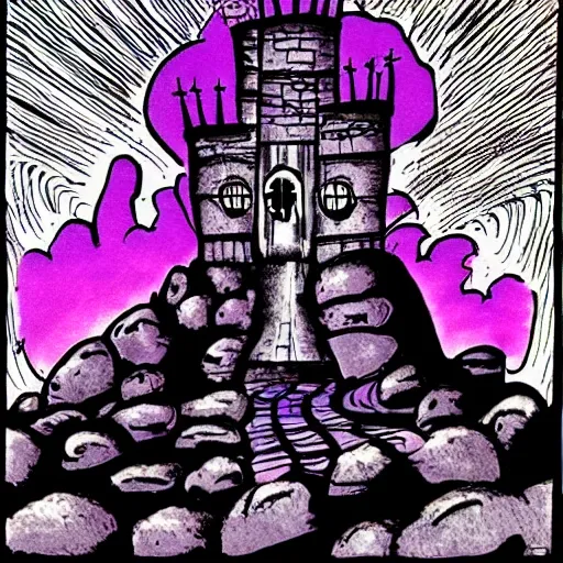 skull castle on a big rock with thunders and purple mist, drawins 80's USA style comic, Cartoon