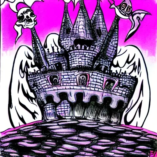 skull castle on a big rock with thunders and purple mist, drawins 80's USA style comic