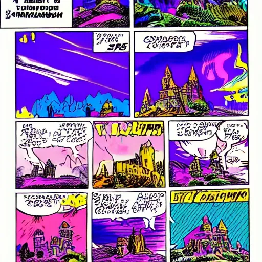 castle on a big rock with thunders and purple mist, 80's USA style comic