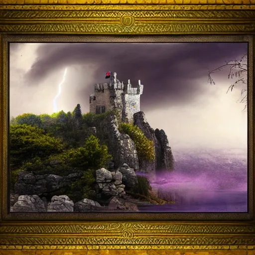 castle on a big rock with thunders and purple mist, hd quality realism