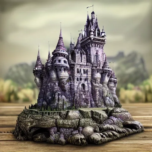 big castle on a big rock made of stone with a big skull, puple mist and thunders ,(best quality:1.4), ((masterpiece)),((realistic)), (detailed)