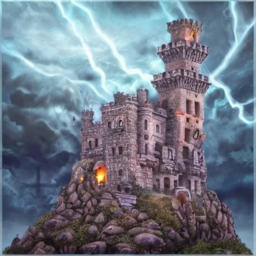 big castle on a big rock made of stone with a big skull, puple mist and thunders, night  (best quality:1.4), ((masterpiece)), ((realistic)), (detailed),Size: 3000x3000
