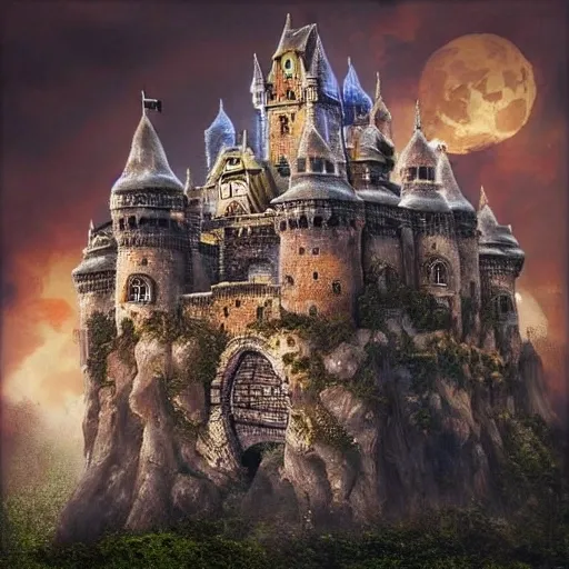 big castle on a big rock made of stone with a big skull, puple mist and thunders, night  (best quality:1.4), ((masterpiece)), ((realistic)), (detailed),Size: 3000x3000
