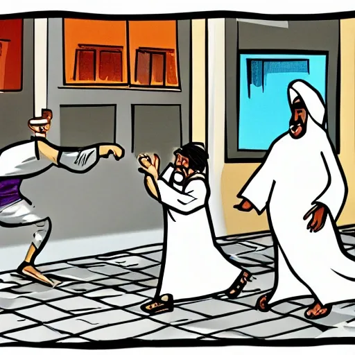 , Cartoon, We can see two people, one of whom is an Arab wearing a white robe and a white headscarf, and the other is a thief holding an Arab wallet in his hand, He stole the Arab wallet, and the Arab is chasing after him, ultra detailed, 