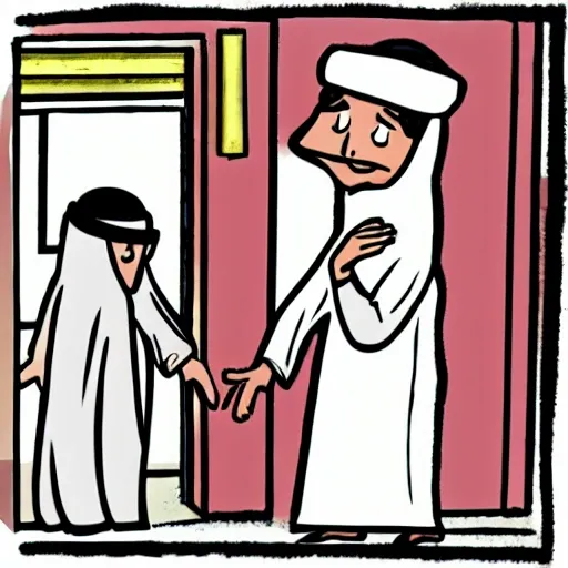 , Cartoon,two man, one of whom is an Arab wearing a white robe and a white headscarf, and the other is a thief holding an Arab wallet in his hand wearing grey pants and white headscarf, He stole the Arab wallet, chasing , running , wallet, anger  , and the Arab is chasing after him, Facing in the same direction ， White background，