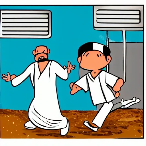 ,Cartoon,two man, one of whom is an Arab wearing a white robe and a white headscarf, and the other is a thief holding an Arab wallet in his hand wearing grey pants and white headscarf, He stole the Arab wallet, chasing , running , wallet, anger  , and the Arab is chasing after him, Facing in the same direction ， White background，3D