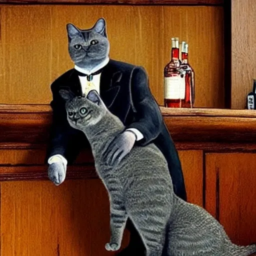 detective British shorthair cat is sitting at bar Smoking pipe, in style of noir, in style of 1920th