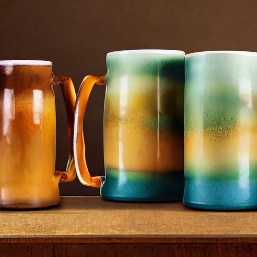 Sumptuous beer mugs filled to the brim, overflowing with frothy creamy foam, in a cozy pub, Vivid watercolor painting style, with soft gradients, and delicate brush strokes,
Subtle hues of amber and gold, with rich browns and deep greens
