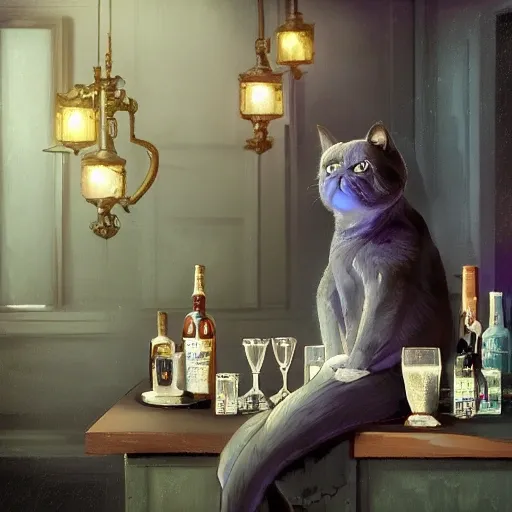 detective British shorthair cat is sitting at bar Smoking pipe, in style of noir, in style of 1920th，by greg rutkowski and wlop, purple blue color scheme, high key lighting, digital art, highly detailed, fine detail, intricate, ornate, complex 