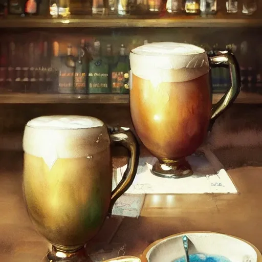 Sumptuous beer mugs, on the table, filled to the brim, overflowing with frothy creamy foam, in a cozy pub, watercolor, warm colors, by greg rutkowski, iridescent accents, ray tracing, product lighting, sharp, smooth, masterpiece