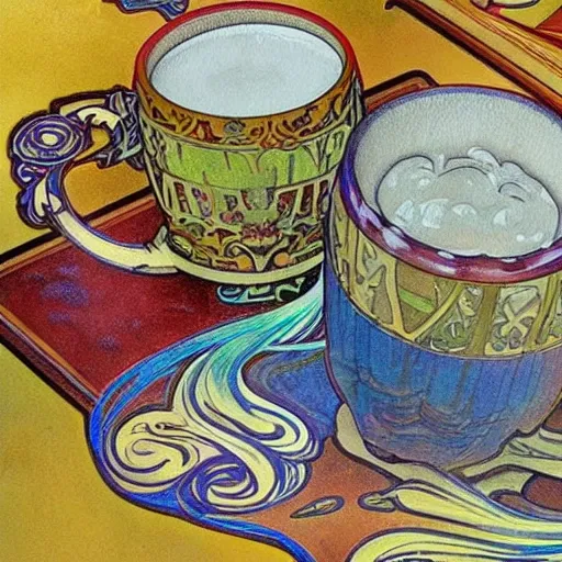 Sumptuous beer mugs, on the table, filled to the brim, overflowing with frothy creamy foam, watercolor pen by brad mesina, style Alphonse Mucha, Oil Painting, Water Color, product lighting