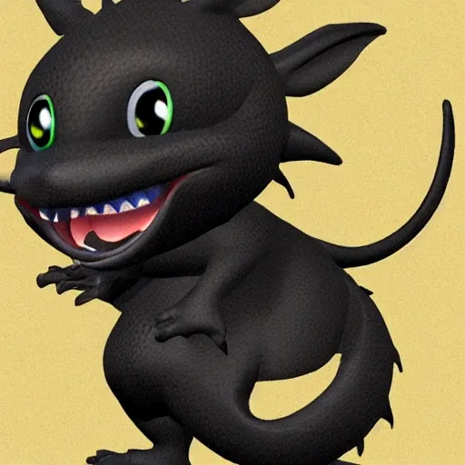 black dragon with puffy ears smiling at the mouse, 3D