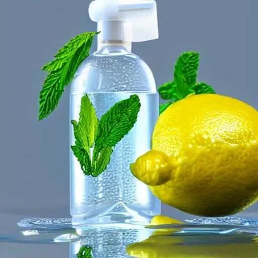 shampoo bottle in the center with fresh lemon and mint on the label and water splash at the background, 3D