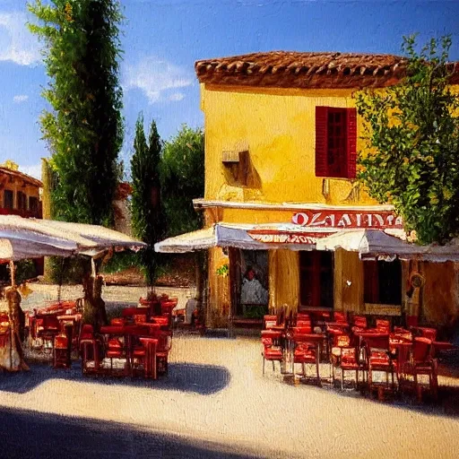 , Oil a traditional pizzeria in the street of a small village on the riviera. a terrace in the shade of a hundred - year - old olive tree, a friendly atmosphere around pizzas and rose wine. dolce vita. unreal engine rendering, hyper realist, ultra detailed, oil painting, warm colors, happy, impressionism, da vinci,

