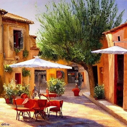 , Oil a traditional pizzeria in the street of a small village on the riviera. a terrace in the shade of a hundred - year - old olive tree, a friendly atmosphere around pizzas and rose wine. with some people eating dolce vita. un real engine rendering, hyper realist, ultra detailed, oil painting, warm colors, happy, impressionism, da vinci,

