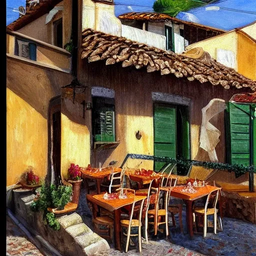 , Oil a traditional pizzeria in the street of a small village on the riviera. a terrace in the shade of a hundred - year - old olive tree, a friendly atmosphere around pizzas and rose wine. with some people eating dolce vita. un real engine rendering, hyper realist, ultra detailed, oil painting, warm colors, happy, impressionism, da vinci,

, Pencil Sketch