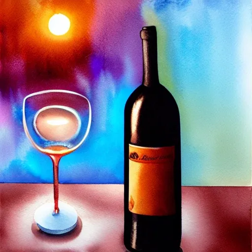 A glass of red wine is placed on the table next to the wine bottle. The light reflects beautifully, creating a watercolor effect. The table is brown, and the background is a watercolor blue wall. The lighting is reminiscent of a grocery store, creating a warm and cozy atmosphere, watercolor, warm colors, by greg rutkowski, iridescent accents, ray tracing, product lighting, sharp, smooth, masterpiece