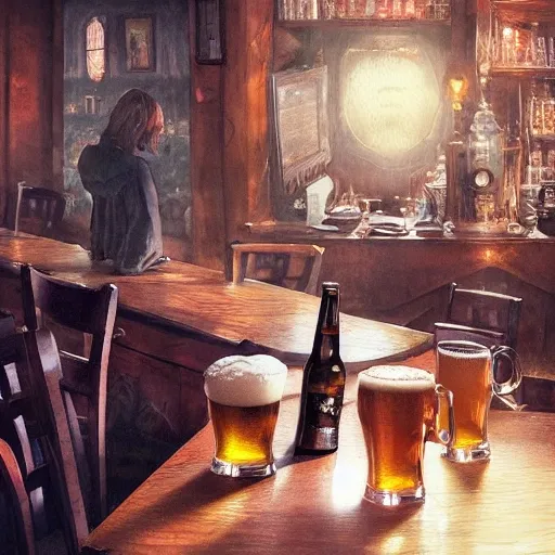 Sumptuous beer mugs, on the table, filled to the brim, overflowing with frothy creamy foam, in a cozy pub, watercolor, warm colors, by greg rutkowski, iridescent accents, ray tracing, product lighting, sharp, smooth, masterpiece