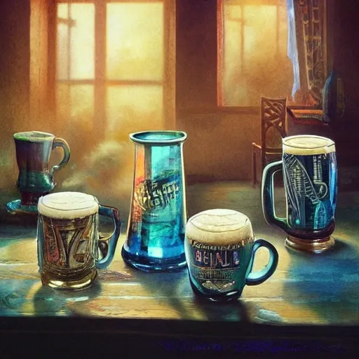 Sumptuous beer mugs, on the table, filled to the brim, overflowing with frothy creamy foam, watercolor pen by brad mesina, product lighting, style Anton Fadeev, thomas kinkade, greg rutkowski, Water Color