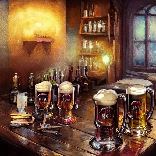 Sumptuous beer mugs, on the table, filled to the brim, overflowing with frothy creamy foam, watercolor pen by brad mesina, product lighting, style Anton Fadeev, thomas kinkade, greg rutkowski, Water Color