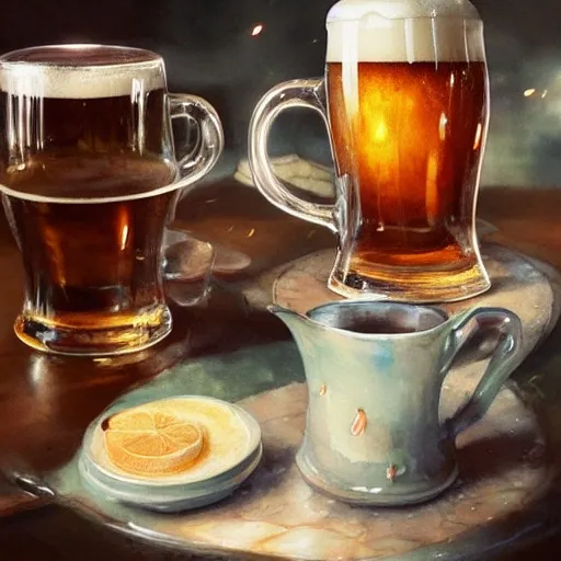 Sumptuous beer mugs, on the table, filled to the brim, overflowing with frothy creamy foam, in a cozy pub, watercolor, warm colors, by greg rutkowski, iridescent accents, ray tracing, product lighting, sharp, smooth, masterpiece