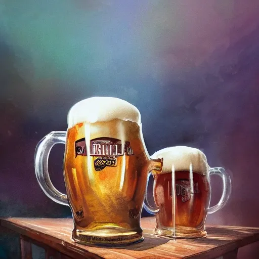 Sumptuous beer mugs, on the table, filled to the brim, overflowing with frothy creamy foam, watercolor pen by brad mesina, product lighting, style Anton Fadeev, thomas kinkade, greg rutkowski, Water Color