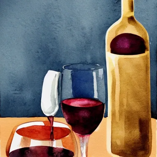 A glass of red wine is placed on the table next to the wine bott ...