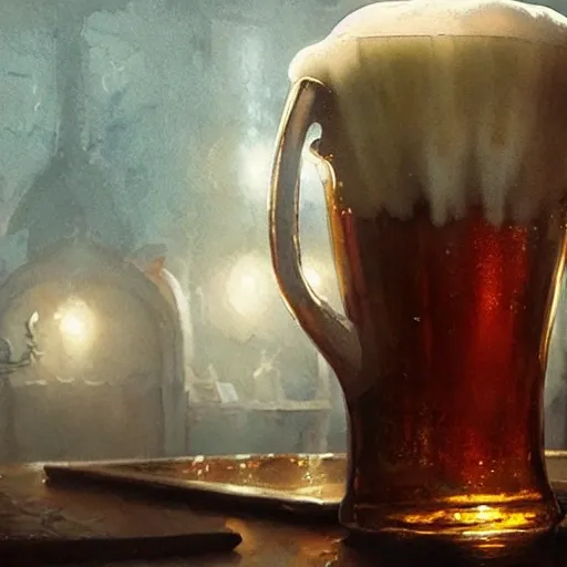 Sumptuous beer mugs, on the table, filled to the brim, overflowing with frothy creamy foam, in a cozy pub, watercolor, warm colors, by greg rutkowski, iridescent accents, ray tracing, product lighting, sharp, smooth, masterpiece