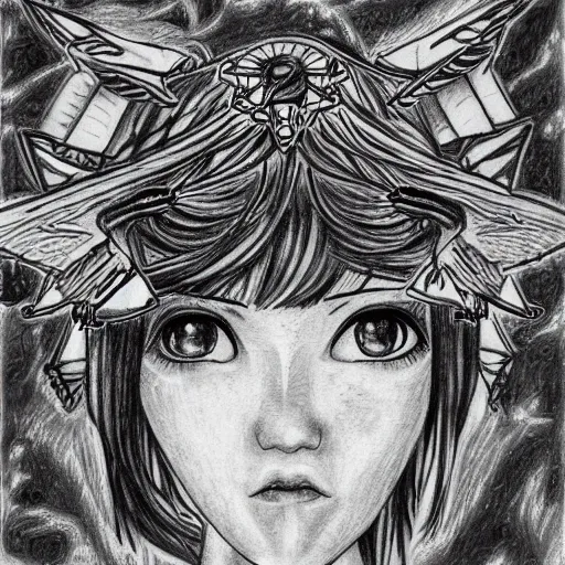 niña manga con alas de ángel futurista, Pencil Sketch, Trippy