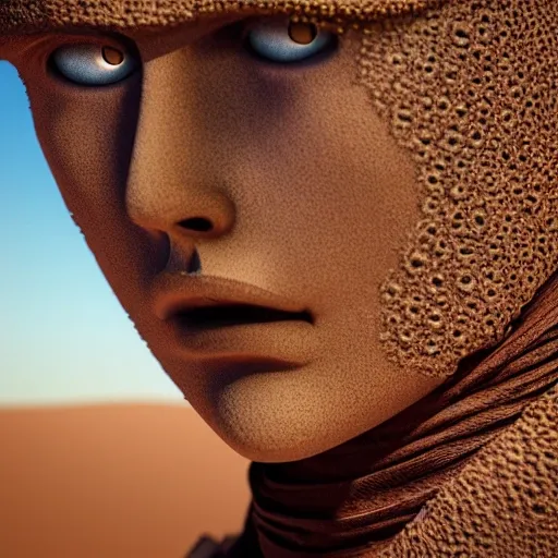 Dune Tribute /// (Character) wearing detailed combat body suit with scarf, closeup, desert scene, detailed skin, face sharp focus, detailed eyes and pupils, detailed hair, intricate details and sharp, masterpiece, global illumination, real shadow, bokeh, best quality, Dune style, photorealistic, realistic, 8k, 3d