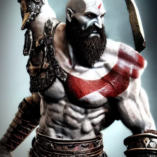 God of War /// photorealistic, dark fantasy, highly detailed Stunning beautiful warrior Kratos wearing armor on torso with metal bronze plates, shoulders, and arms, with a red emblem on the chest, intricate details and sharp,octane render, epic ambiant light, very dark lighting, extremely detailed eye and face, blured background, god of war style