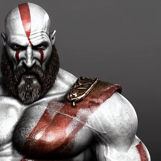 God of War /// photorealistic, dark fantasy, highly detailed Stunning beautiful warrior Kratos wearing armor on torso with metal bronze plates, shoulders, and arms, with a red emblem on the chest, intricate details and sharp,octane render, epic ambiant light, very dark lighting, extremely detailed eye and face, blured background, god of war style, 3D