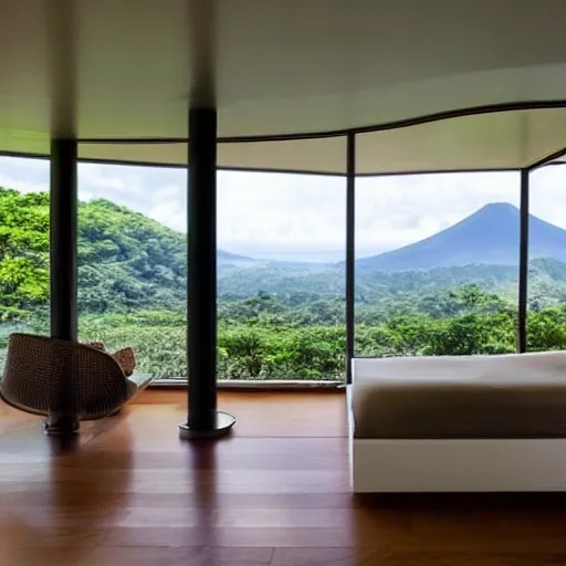 Welcome to a modern and minimalist organic design room, nestled high on a mountain in the Guanacaste region of Costa Rica. The room is a futuristic architectural masterpiece, with clean lines and a sleek, contemporary feel. The view from the window is breathtaking, showcasing the majestic Arenal Volcano in the distance. The room is filled with lush greenery, including cascading ferns and hanging vines that give the space a natural and tranquil feel. The furniture is sparse, but elegant, with polished wooden floors and sleek, sculptural chairs. The walls are painted in a soft shade of cream, which creates a warm and inviting atmosphere. This room is the perfect retreat for anyone looking to escape the chaos of the modern world and immerse themselves in nature's serenity
