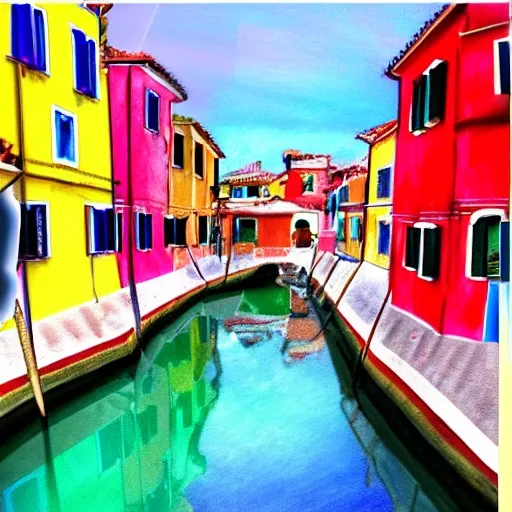 , Pencil SketchA MEDITERRANEAN VILLAGE WITH BURANO STYLE COLORED HOUSES, FLOWERS ON THE TERRACES, THERE ARE WATER CANALS AND BRIDGES, CHEERFUL LIGHTING, MATTE, OIL, DIGITAL ART, Pencil Sketch