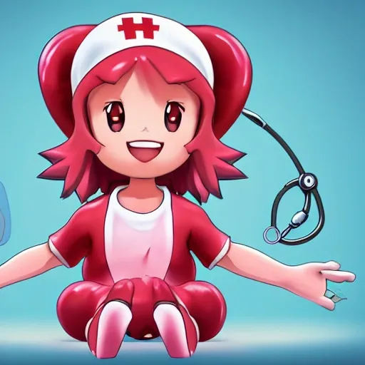 Nurse Joy rendered in 2D, crimson, sitting position, fine details. cartoon