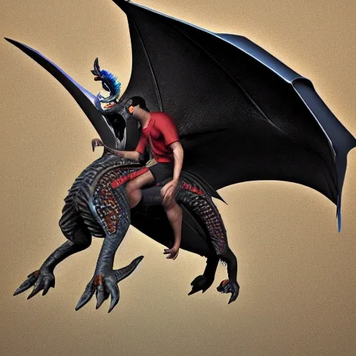 dwight from the office riding a dragon in the sky, 3D