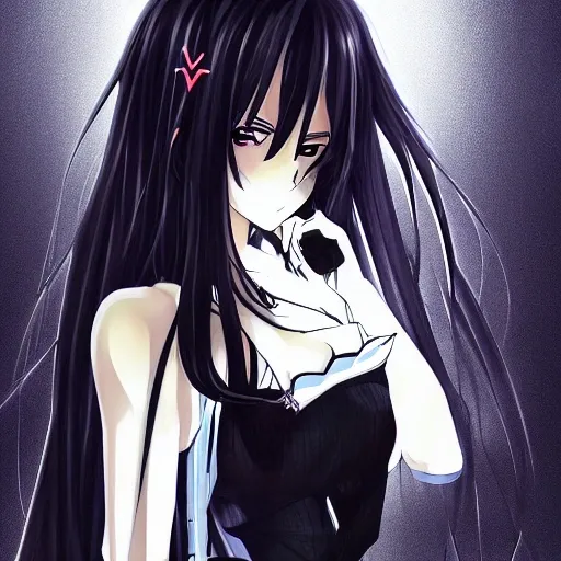 generate an image of an anime-style waifu with dark colors. The waifu must have exceptional image quality and an impressive visual impact. The shadows must be precise and well-integrated into the image. The style should be minimalist, simple yet attractive and innovative. The image should depict a serious-looking waifu with long, straight hair, large expressive eyes, and a tight, dark outfit. The waifu should be standing, with one hand on her waist and the other holding a long sword. The background of the image should be dark, with a bright light illuminating the waifu from the top right. The image resolution should be 1920 x 1080 pixels, Trippy