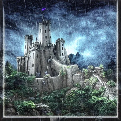 big castle on a big rock made of stone with a big skull, puple mist and thunders, rainy night (best quality:1.4), ((masterpiece)), ((realistic)), (detailed),Size: 3000x3000,Hires upscaler: 4x-UltraSharp