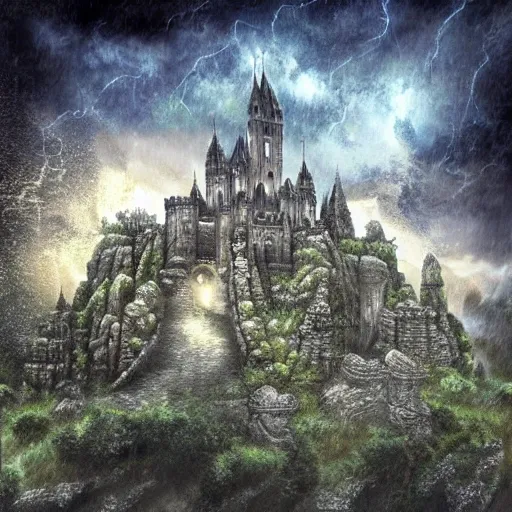 big castle on a big rock made of stone with a big skull, puple mist and thunders, rainy night (best quality:1.4), ((masterpiece)), ((realistic)), (detailed),Size: 3000x3000,Hires upscaler: 4x-UltraSharp