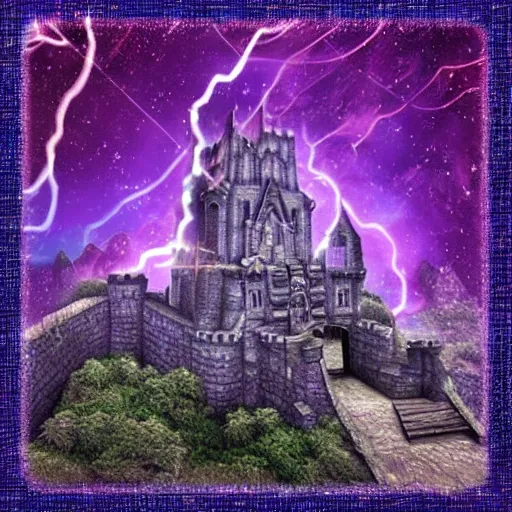 castle on a big mountain made of stone with a big skull, puple mist and thunders, rainy night (best quality:1.4), ((masterpiece)), ((realistic)), (detailed),Size: 3000x3000,Hires upscaler: 4x-UltraSharp