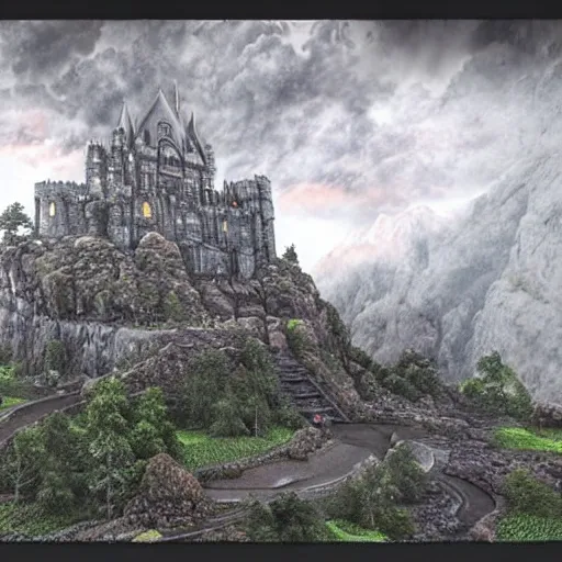 castle on a big mountain made of stone with a big skull, puple mist and thunders, rainy night (best quality:1.4), ((masterpiece)), ((realistic)), (detailed),Size: 3000x3000,Hires upscaler: 4x-UltraSharp