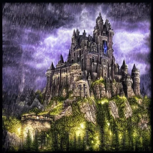 castle on a big mountain made of stone with a big skull, puple mist and thunders, rainy night (best quality:1.4), ((masterpiece)), ((realistic)), (detailed),Size: 3000x3000,Hires upscaler: 4x-UltraSharp