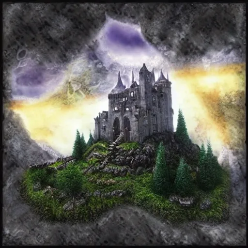 castle on a big mountain made of stone with a big skull, puple mist and thunders, rainy night (best quality:1.4), ((masterpiece)), ((realistic)), (detailed),Size: 3000x3000,Hires upscaler: 4x-UltraSharp