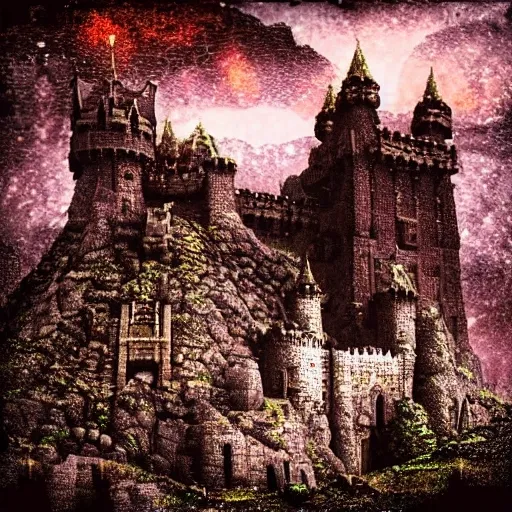 castle on a big mountain made of stone with a big skull, puple mist and thunders, rainy night (best quality:1.4), ((masterpiece)), ((realistic)), (detailed),Size: 3000x3000,Hires upscaler: 4x-UltraSharp, dark colours