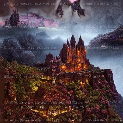 castle on a big mountain made of stone with a big skull, puple mist and thunders, rainy night (best quality:1.4), ((masterpiece)), ((realistic)), (detailed),Size: 3000x3000,Hires upscaler: 4x-UltraSharp, dark colours