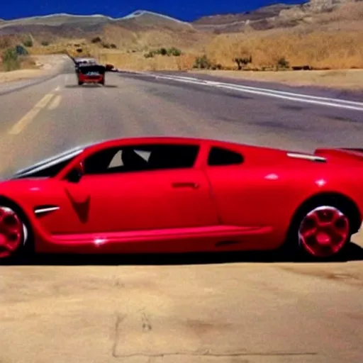 un coche color rojo con llantas grandes deportivo que vuela con extraterrestres en el espacio y va ganando mientras se burla de will smith 